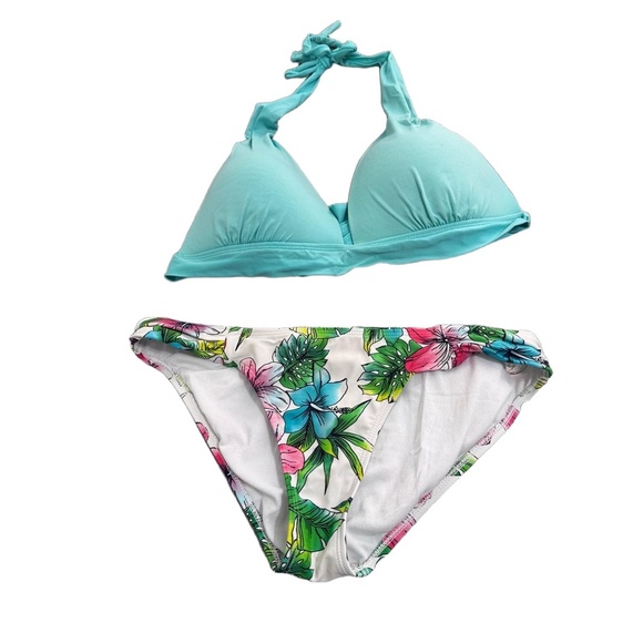 Teal Swimsuit top with tropical print bottoms size Large cruise beach pool - Picture 1 of 11